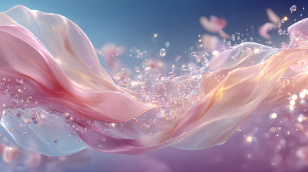 Ethereal pink and translucent fabric waves undulate across the frame surrounded by shimmering water...