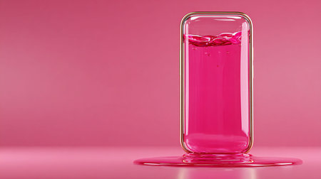 Vibrant pink liquid dynamically overflows from a sleek, modern smartphone, pooling elegantly onto a...