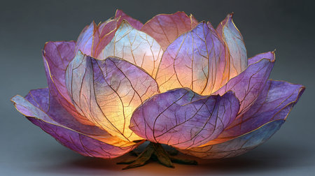 Magnificent lotus flower lamp glows softly from within, displaying exquisite translucent purple and...