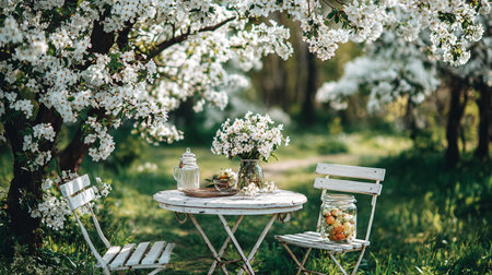 Rustic white metal garden furniture sits beneath intensely blooming white flowering trees displaying...