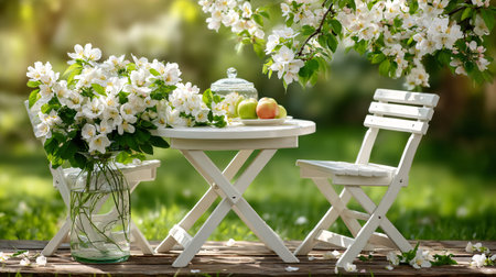 Peaceful outdoor garden setting displays a rustic white wooden table and chairs, decorated with a...