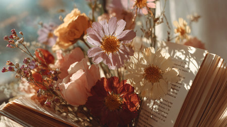 Bouquet of dried flowers and book on table, closeupの写真素材