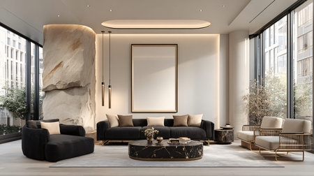 Modern living room interior with black sofa, coffee table and blank poster on wall. Mock up, 3D...