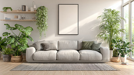 Interior of living room with white sofa and plants - 3d rendering