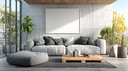 Modern bright interiors 3D rendering illustration with mockup poster frame