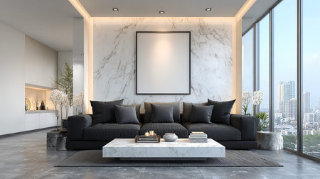 Modern living room interior design with marble walls, concrete floor, comfortable black sofa, coffee...