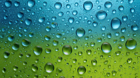 Water drops on the glass with a green and blue gradient background.