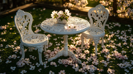 White table and chairs with cherry blossoms in the garden at sunset