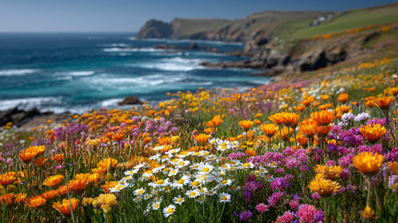 Vibrant coastal wildflowers create a stunning tapestry of orange, yellow, white, and purple blooms,...