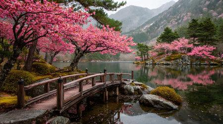 Majestic japanese garden scenery perfectly captures a quaint arched wooden bridge gracefully...