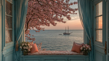 Window seat bathed in soft sunset light provides a serene view across the tranquil ocean where a...