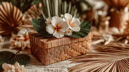 Beautifully woven rattan box topped with delicate white tropical flowers and vibrant green leaves creates a serene, natural, and elegant decorative accent, perfect for bohemian interiors, spa settings, or as a charming gift package, enhancing any space with its organic texture and floral charm.の写真素材