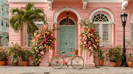 Charming pink building facade with an elegant blue door adorned by lush, vibrant floral arrangements. A vintage pink bicycle with a wicker basket is parked gracefully in front, creating a picturesque, romantic European street scene perfect for travel.の写真素材