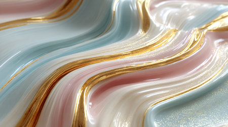 Abstract close-up reveals a mesmerizing luxurious wavy texture comprised of soft pastel pink, blue,...