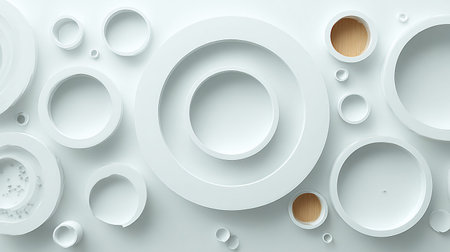 Abstract white 3D render background presents a sophisticated arrangement of multiple circles and...