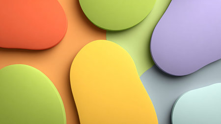 Abstract background showcases layered matte organic shapes with rounded edges creating visual depth...
