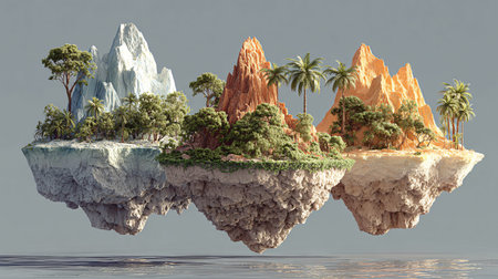Surreal miniature world features three distinct floating islands representing ice desert and...