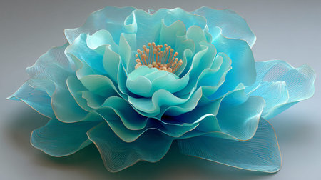 Intricate translucent turquoise blue abstract floral sculpture displays beautifully layered petals...