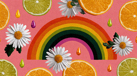 Colorful pattern of a vibrant rainbow, white daisies, fresh orange and lime slices, and shimmering...