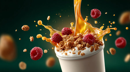 Creamy yogurt with crunchy granola and vibrant red raspberries combines with a dynamic splash of...
