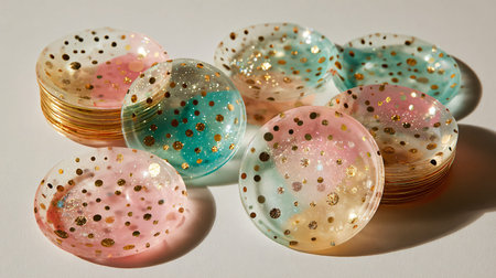 Clear round decorative dishes with internal gold glitter and pastel colors are arranged artfully,...