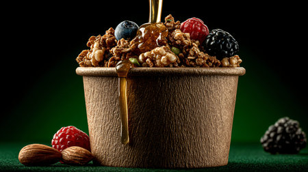 Wholesome granola with a medley of fresh blueberries, raspberries, and blackberries, generously drizzled with golden honey, creating a tempting and nutritious breakfast or snack served in a textured brown cup against a dark green background.の写真素材