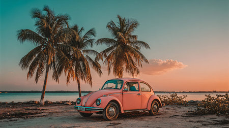 Vintage pink Volkswagen Beetle rests on a dirt beach near the ocean framed by tall palm trees...