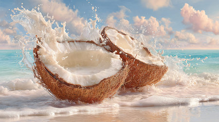 Luscious halves of a fresh tropical coconut beautifully splash with creamy white milk on a pristine...