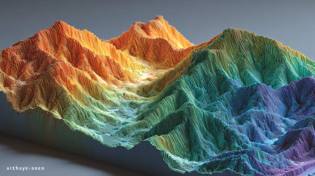 Vibrant three-dimensional abstract topographic map visualizes complex data with a stunning spectrum...