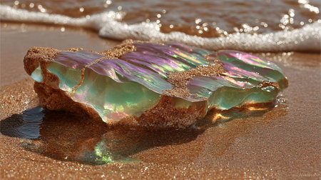 Iridescent glass fragment sparkles with captivating green, purple, and pink hues, partially buried...