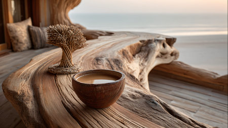Rustic wooden bowl filled with a comforting warm beverage rests on an exquisitely carved live edge...