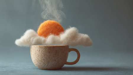 Steaming hot beverage creative concept features a whimsical miniature sun nestled within fluffy white clouds emerging directly from a speckled ceramic coffee mug symbolizing a perfect morning start or cozy break time inspiration.の写真素材