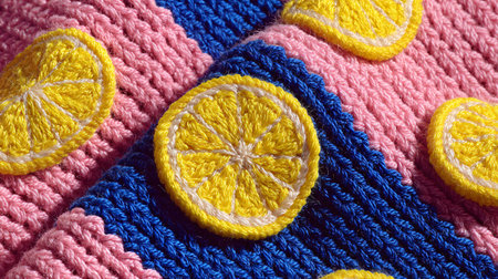 Delightful knitted or crocheted fabric adorned with bright yellow lemon slices features a vibrant...
