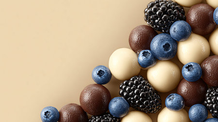 Assorted confectionery delights showcasing shiny brown chocolate truffles, smooth white chocolate balls, fresh blue blueberries, and ripe black blackberries are beautifully scattered, creating a tempting and delicious visual feast suitable for any sweet occasion or gourmet indulgence.の写真素材