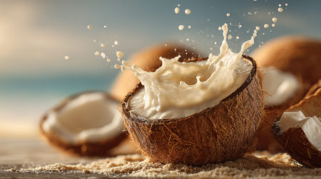 Vibrant white coconut milk dramatically splashes from a freshly split tropical fruit, scattering...