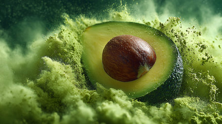 Half an avocado featuring its prominent brown pit is dramatically centered among swirling clouds of...