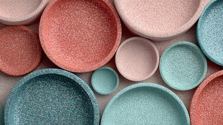 Assortment of handmade terrazzo bowls in dusty rose and teal hues with visible sparkling chips are...