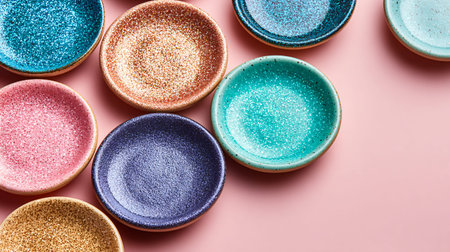 Colorful assortment of small ceramic dipping bowls with vibrant speckled glitter glaze are...