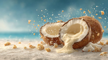 Ripe brown coconut halves split open on bright white sand showing thick creamy white milk overflowing and splashing with small pieces flying against a soft blue ocean backdrop symbolizing tropical indulgence and summer flavors.の写真素材