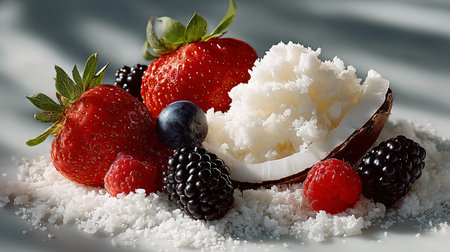A vibrant arrangement of fresh red strawberries, dark blackberries, ripe raspberries, and a single...
