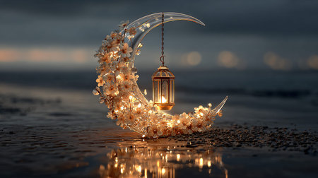 Exquisite glass crescent moon decoration embellished with luminous flowers and a vintage lantern...