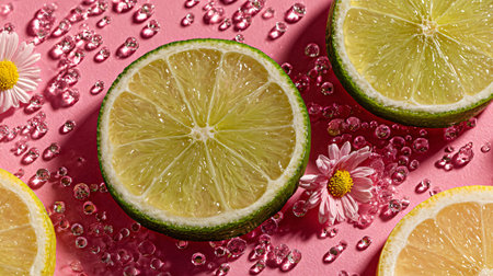 Bright green lime and yellow lemon slices are arranged on a vibrant pink surface, beautifully...