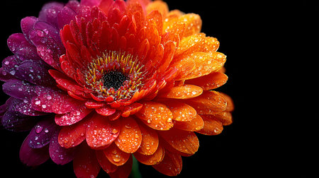 Multi-colored gerbera daisy petals display a stunning gradient of purple, red, and orange,...