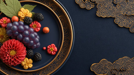Still life composition features artificial purple grapes blackberries and stylized colorful blossoms arranged beautifully on a luxurious dark navy plate accented by intricate gold patterned borders.の写真素材