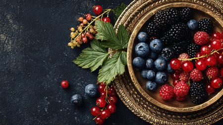 Assorted fresh forest berries including blueberries blackberries raspberries and vibrant red...