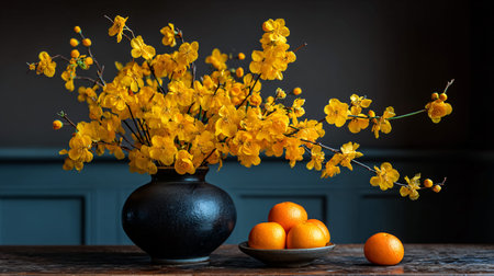 Vibrant yellow blossoms, symbolizing spring and prosperity, burst forth from a dark ceramic vase, beautifully complemented by fresh oranges arranged on a rustic wooden table, creating a festive traditional still life scene perfect for new year celebrations.の写真素材