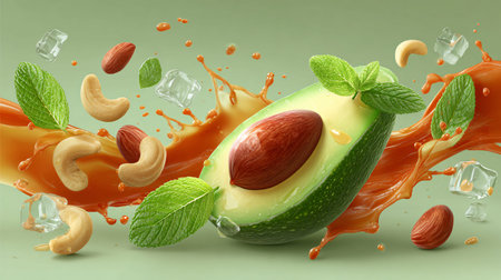 Halved avocado with its seed surrounded by a lively arrangement of cashews, almonds, mint leaves,...