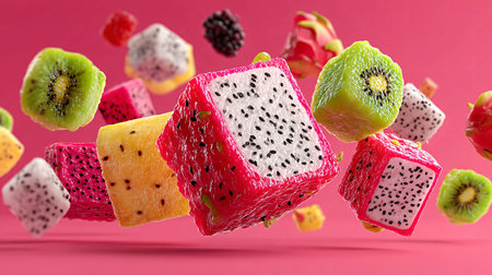 Assorted pieces of cubed dragon fruit featuring pink and white flesh alongside brilliant green kiwi...