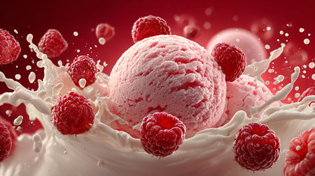 Luscious scoops of vibrant pink raspberry ice cream elegantly splash into creamy white milk, surrounded by fresh, juicy red raspberries, creating a refreshing and visually captivating dessert perfect for hot summer days, evoking a sense of cool indulgence and delightful sweetness that tantalizes the taste buds.の写真素材