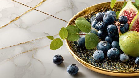 Fresh, dew-kissed blueberries and ripe figs, featuring a vibrant whole green fig and a beautifully sliced red fig, are artfully arranged on a luxurious dark gold-rimmed plate, elegantly displayed on a pristine white marble surface adorned with striking golden veining, creating a sophisticated and healthy gourmet presentation perfect for high-end culinary concepts.の写真素材